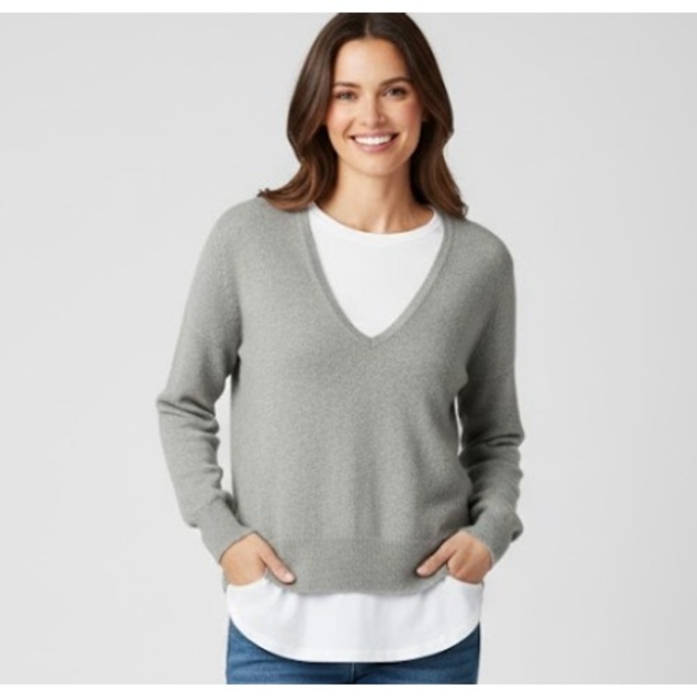 Oats 100% Cashmere Women XS V Neck Sweater Light Gray Quiet Luxury Warm Cozy